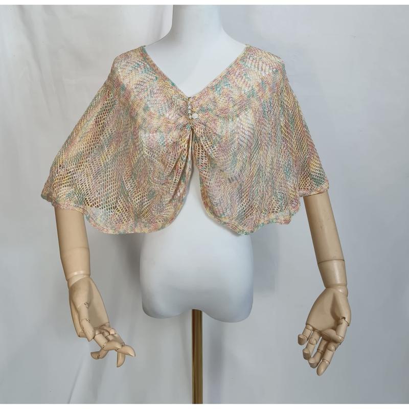 Capelet châle tricot filet multicolore pastel avec broche strass