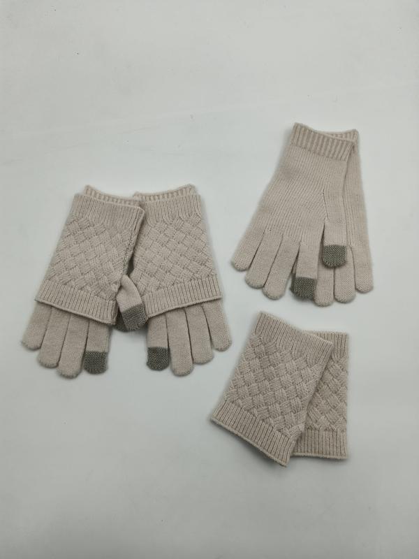 Set de gants beige en tricot nid d'abeille avec mitaines