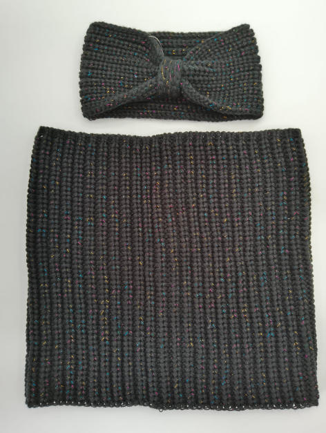 Ensemble snood col chaud et bandeau nœud torsadé en maille épaisse gris anthracite avec fils métallisés multicolores