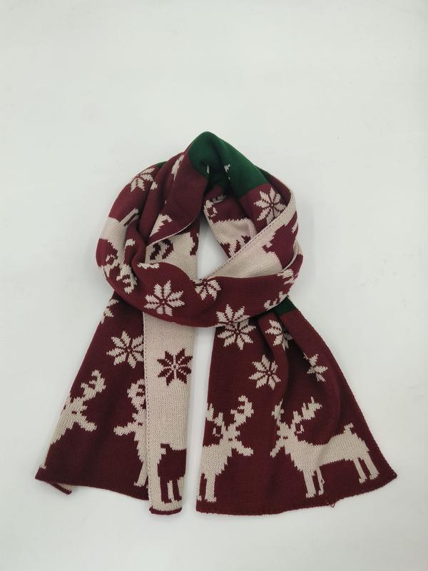 Écharpe jacquard tricot bordeaux et crème avec motifs rennes et flocons nordiques