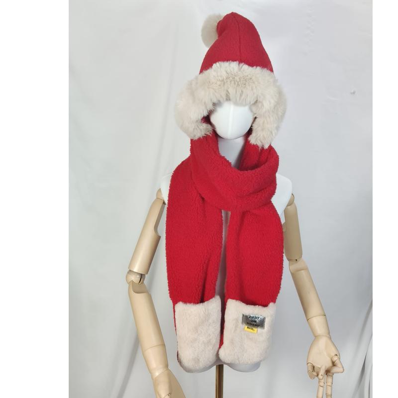 Ensemble chapeau écharpe enfant en polaire rouge avec garniture fausse fourrure crème et pompon blanc
