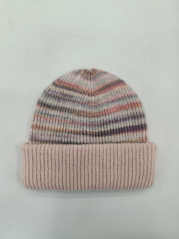 Bonnet en maille douce à rayures space-dye rose violet gris avec large revers côtelé