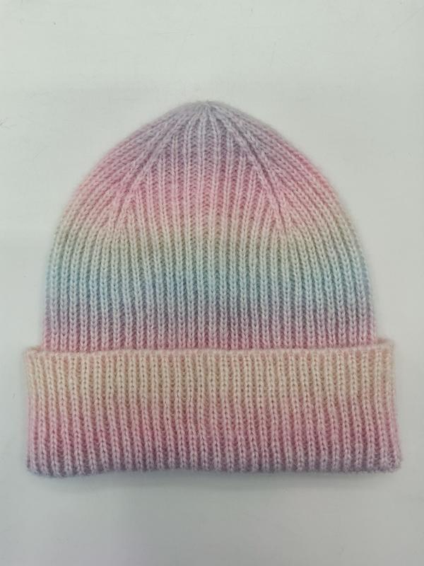 Bonnet tricoté côtelé dégradé pastel rose lavande menthe et crème avec revers replié