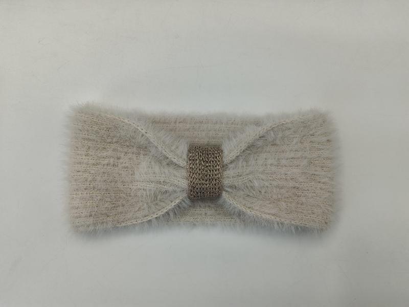 Bandeau cache-oreilles en maille floue beige avec bande centrale dorée métallisée crochetée
