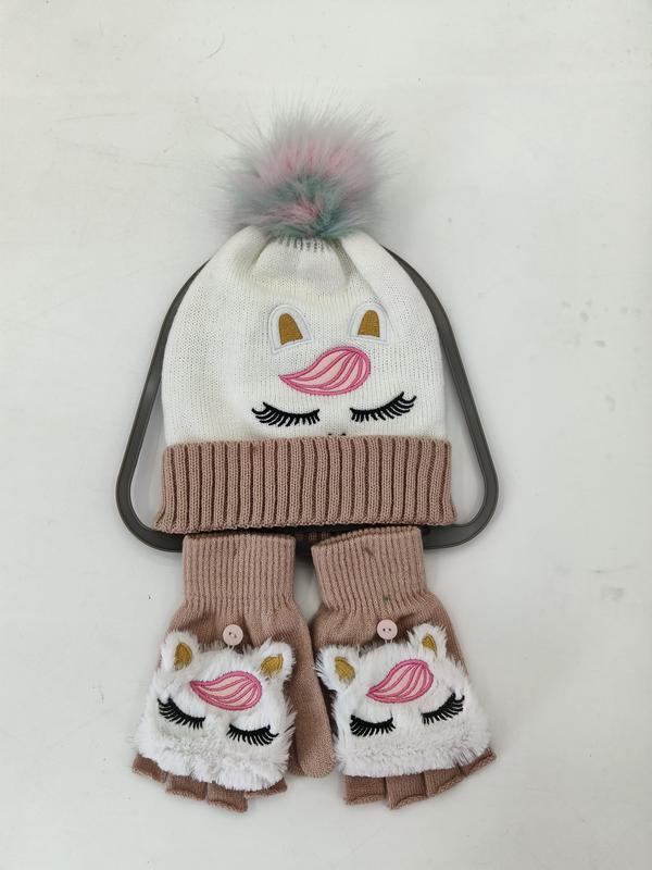 Bonnet licorne blanc avec pompon pastel et moufles convertibles beige pour fille