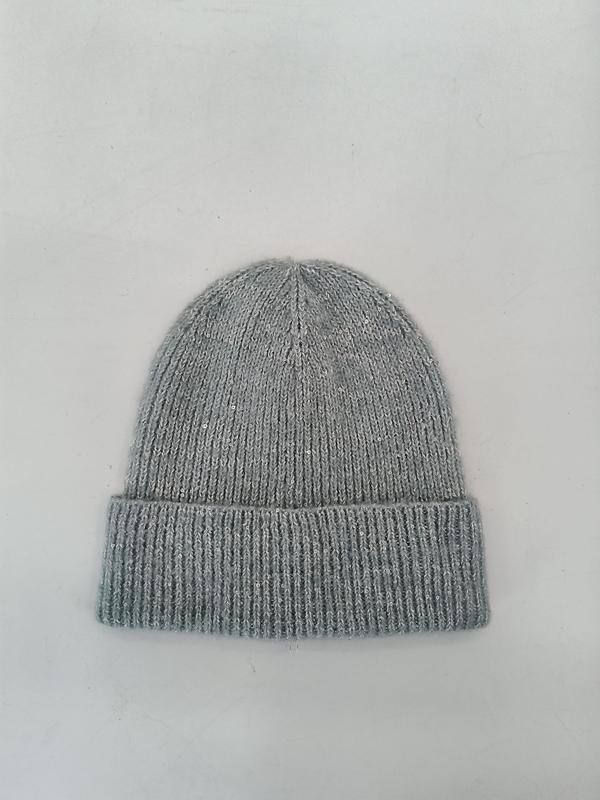 Bonnet gris maille fine avec paillettes argentées discrètes et revers côtelé replié