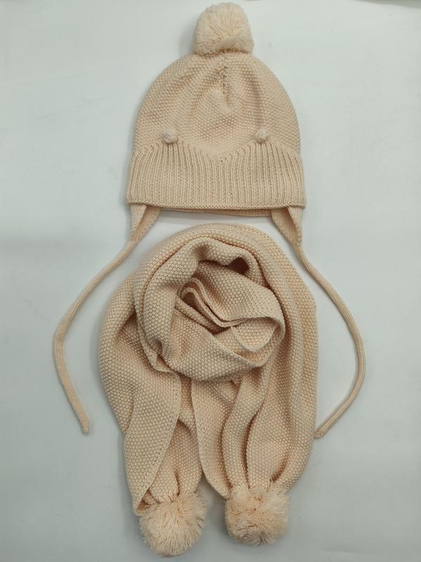 Duo bonnet oreillettes pompon et écharpe tricot crème pour enfant