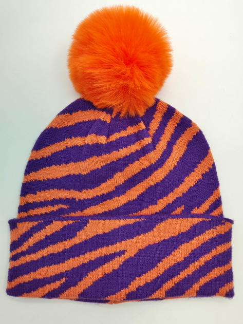Bonnet zébré violet et orange avec gros pompon fausse fourrure orange
