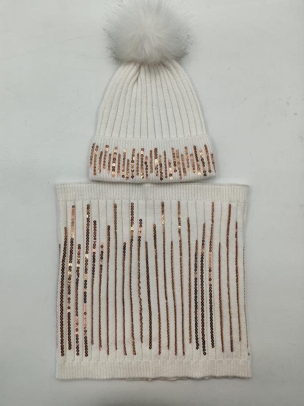 Bonnet blanc côtelé pompon fourrure synthétique et tour de cou assorti avec rayures sequins rose doré