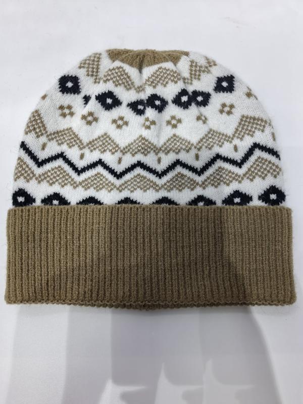 Bonnet tricoté Fair Isle plié avec revers beige côtelé