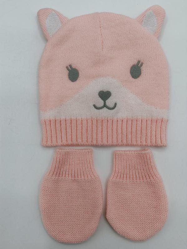 Bonnet bébé tricoté rose avec oreilles et visage d'ourson