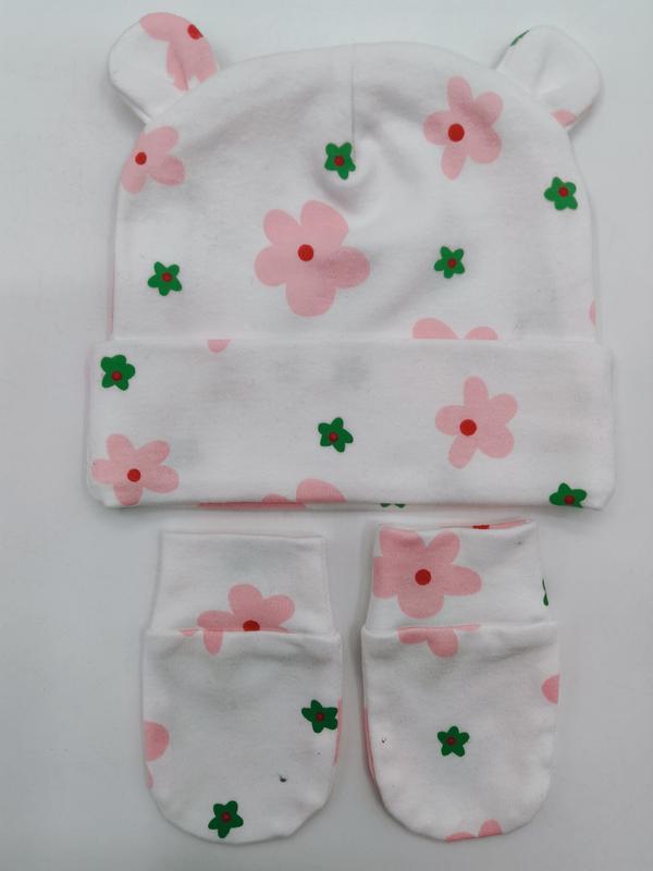 Bonnet bébé blanc avec oreilles d'ourson et moufles assorties en coton à imprimé fleurs roses et vertes