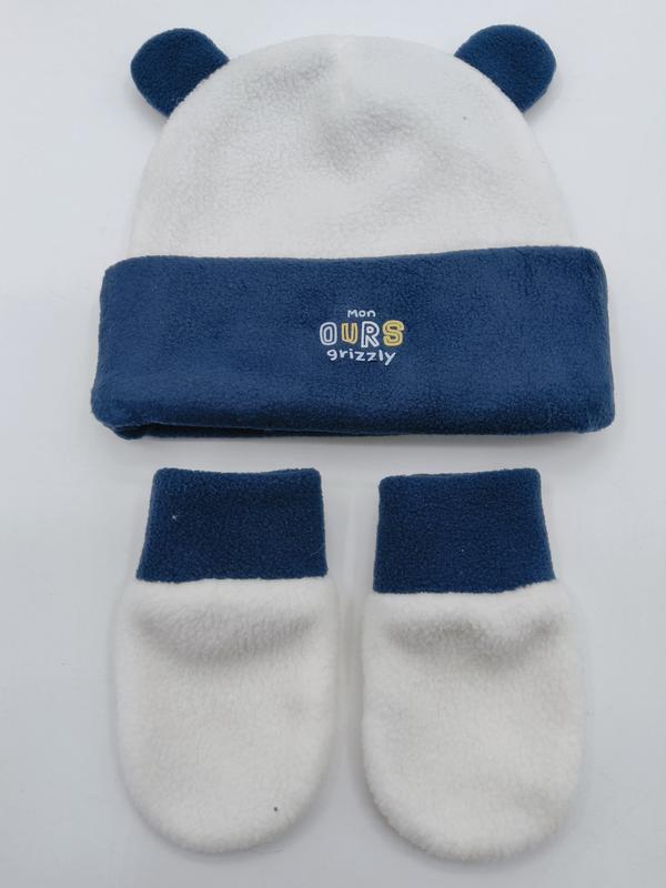 Ensemble bonnet polaire bébé bleu marine blanc avec oreilles ourson et moufles assorties marque Mon Ours Grizzly