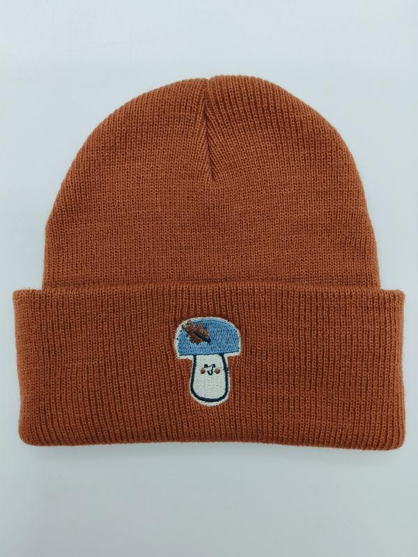 Bonnet rouille côtelé à revers avec patch champignon brodé bleu et blanc