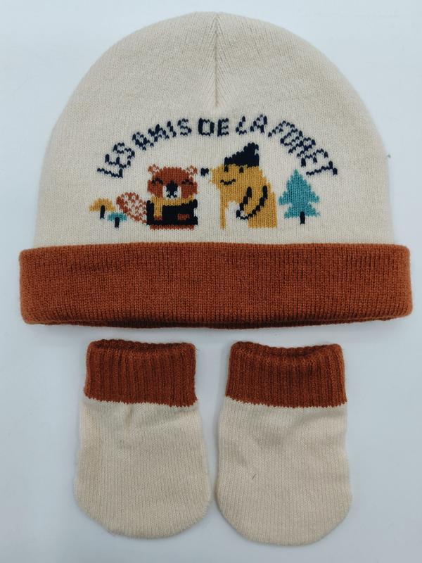 Ensemble bonnet et chaussons bébé tricoté crème et rouille avec motif animaux forêt intarsia