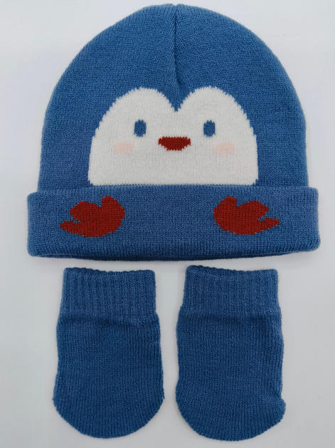 Bonnet bébé tricoté bleu avec visage pingouin intarsia et moufles assorties