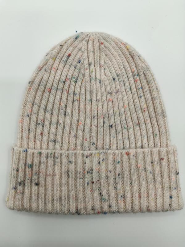 Bonnet tricot côtelé crème avec confettis multicolores et revers replié
