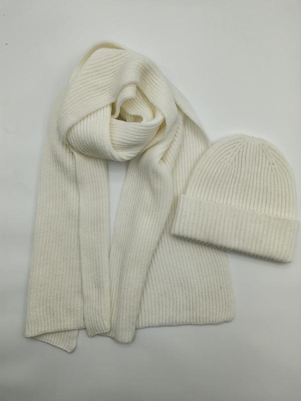 Ensemble hiver écharpe et bonnet en maille côtelée ivoire crème