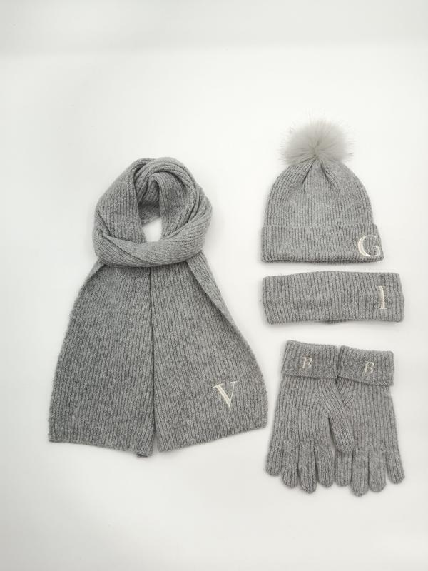 Set accessoires hiver gris côtelé avec bonnet pompon
