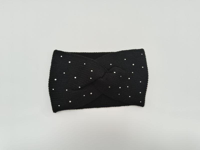 Bandeau tricoté noir torsadé avec incrustations strass cristal argenté