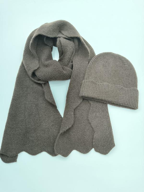 Set bonnet à revers et écharpe côtelée taupe avec ourlet festonné