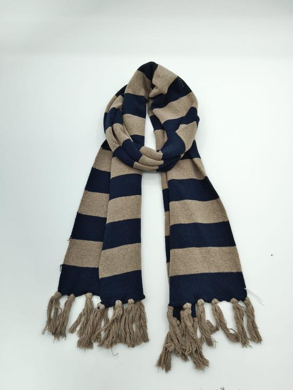 Écharpe tricot rayures bleu et beige avec franges