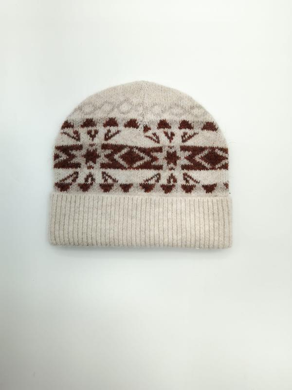 Bonnet tricoté crème à motif flocon de neige nordique rouille