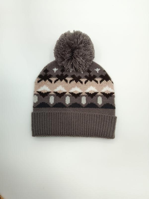 Bonnet gris à motif Fair Isle rose blush marron blanc avec pompon gris moelleux