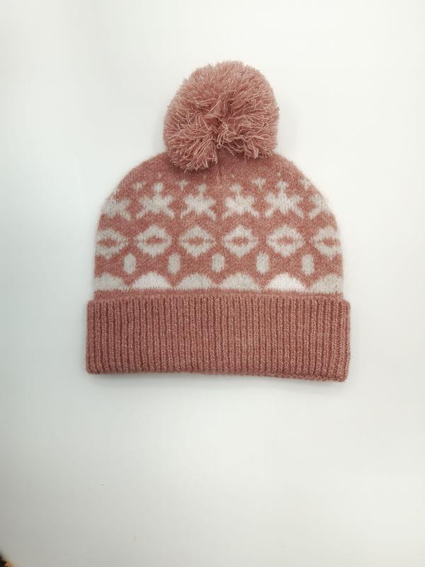 Bonnet tricoté rose et blanc motif flocon géométrique avec pompon moelleux