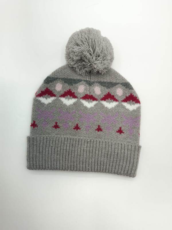 Bonnet tricoté gris à pompon avec motif Fair Isle rouge blanc rose et violet
