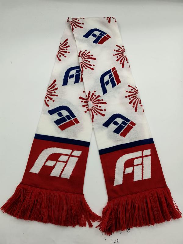 Écharpe jacquard rouge blanc bleu avec motifs logo et feux d'artifice