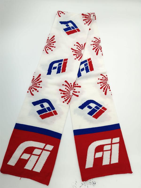 Écharpe tricotée rouge blanc bleu avec motifs logo et feux d'artifice