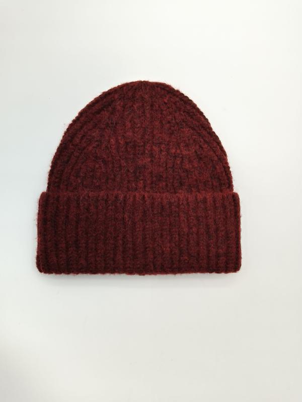 Bonnet chunky bordeaux côtelé revers épais fond blanc - grosse maille laine hiver robuste