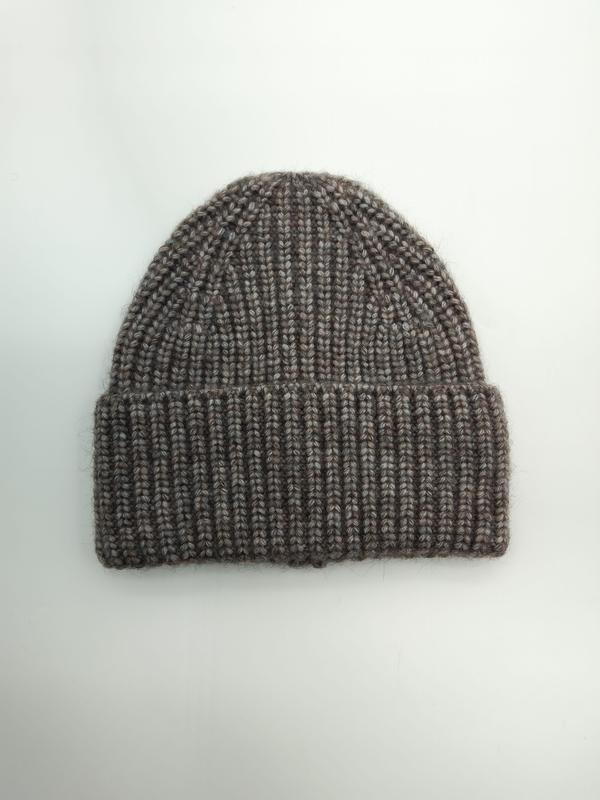 Bonnet taupe marron marl en grosse maille côtelée avec revers plié
