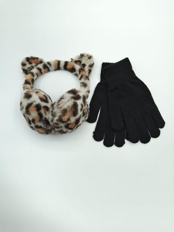 Ensemble cache-oreilles fausse fourrure léopard oreilles de chat et gants noirs tactiles posés à plat