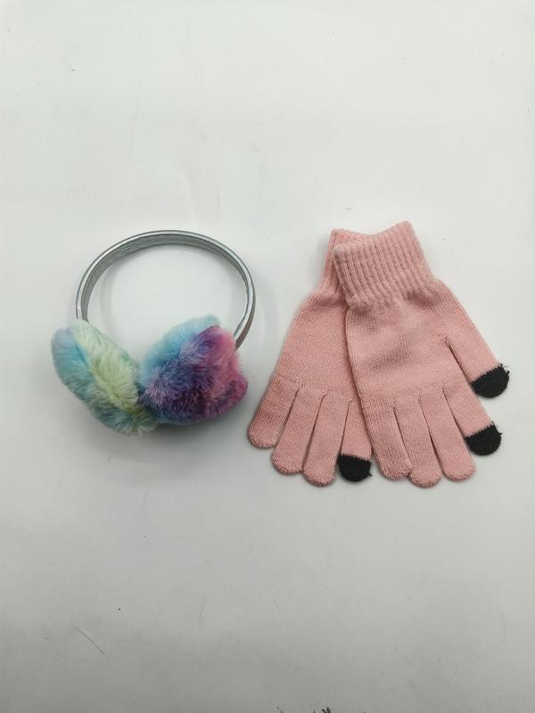 Ensemble cache-oreilles tie-dye multicolore bandeau argenté et gants tricotés roses tactiles posés à plat