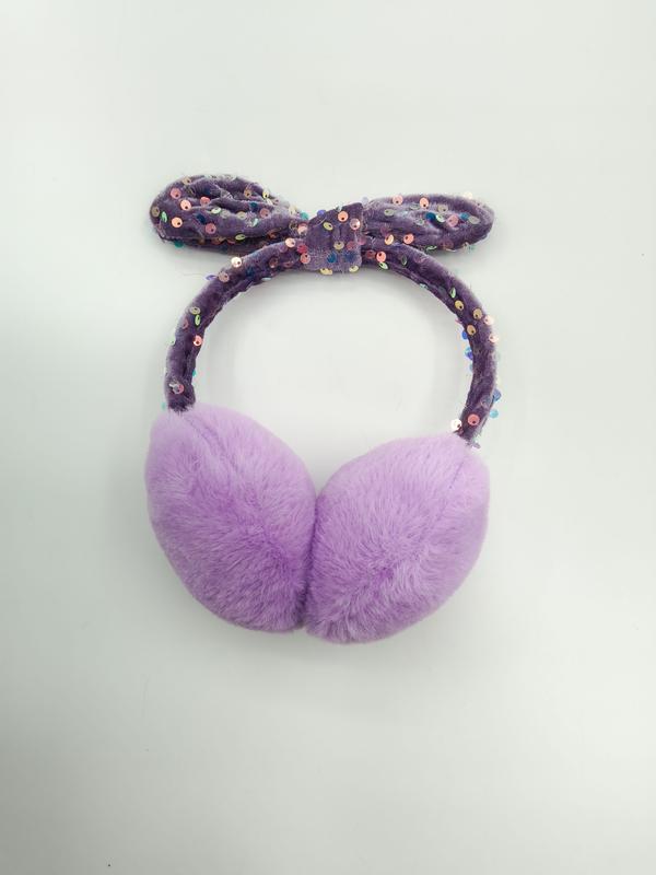 Cache-oreilles moelleux lavande avec bandeau violet et nœud décoratif pailleté sequins