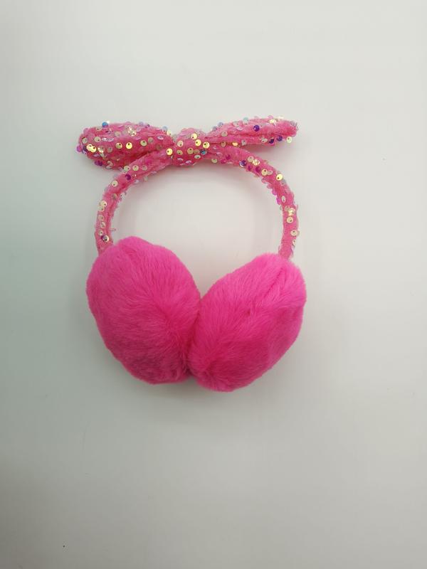 Cache-oreilles rose vif duveteux avec bandeau pailleté nœud sequins roses brillants