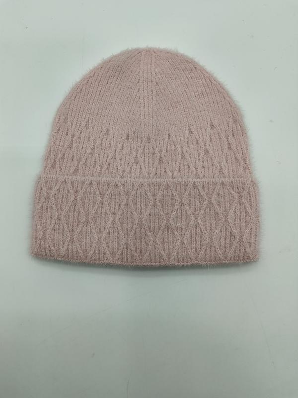 Bonnet rose poudré duveteux torsadé motif losange avec revers replié